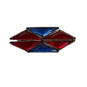 Vtg Vauxhall Geometric Glass Brooch Red Blue Mosaic Stained Glass Pin Art Deco